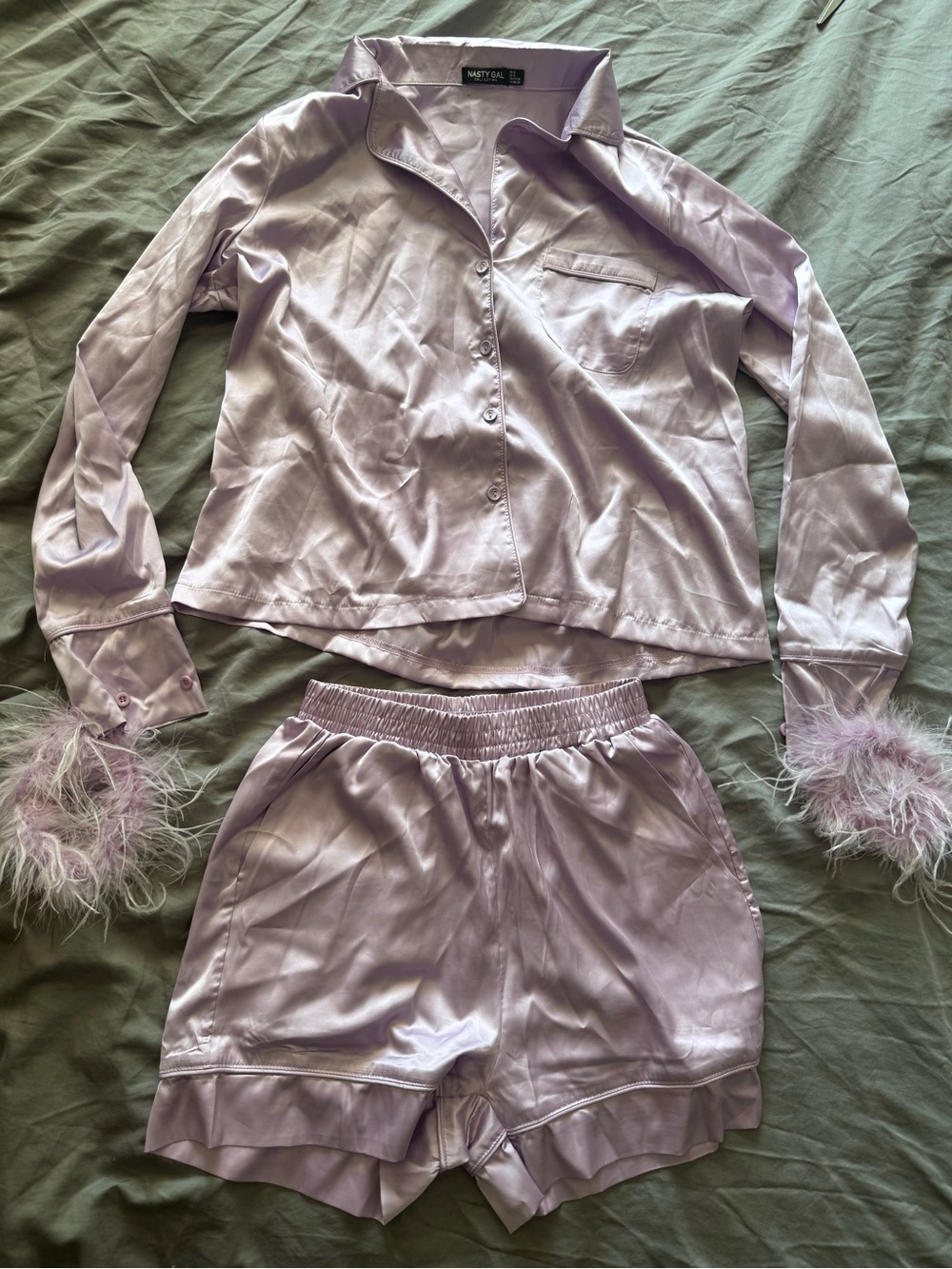 Nasty Gal Lilac Satin Feather Cuff Pajama Set